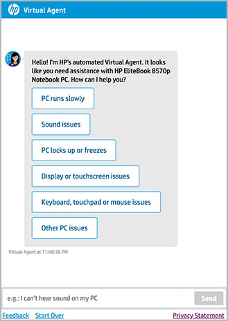 Screenshot of live virtual agent window